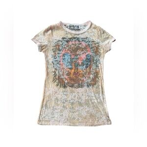 Vintage Y2K Amana Cream Pink Distressed Graphic Tee Sz Medium Grunge Rare